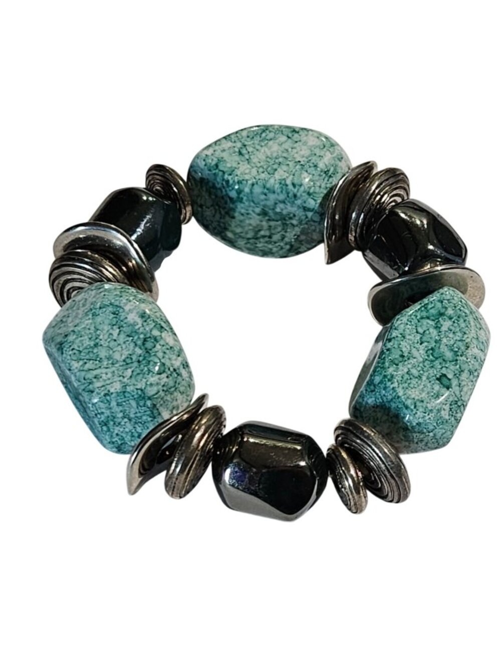 Chunky Plastic Beaded Stretchy Bracelet Green White Silvertone 7 in Unstretched